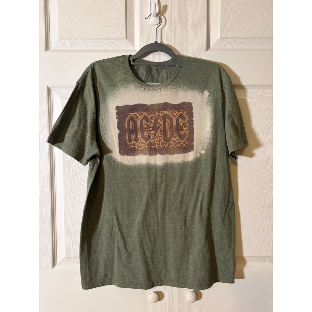 ACDC Bleached Graphic T-Shirt Olive Green Leopard Print Logo Rock Band Tee Men L